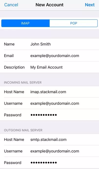 iOS email settings IMAP and POP